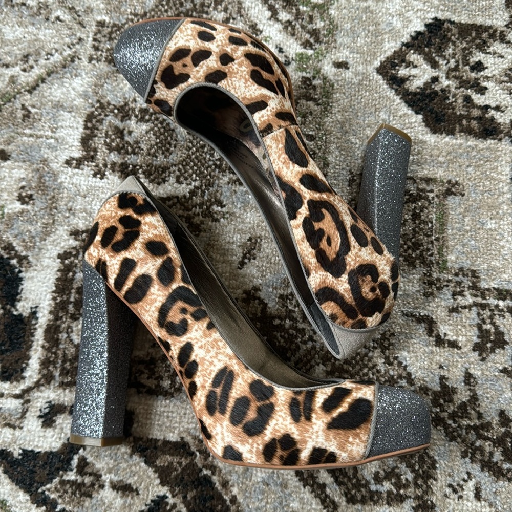 Sam Edelman Frances leopard print pump glitter round toe platform high heels 7.5